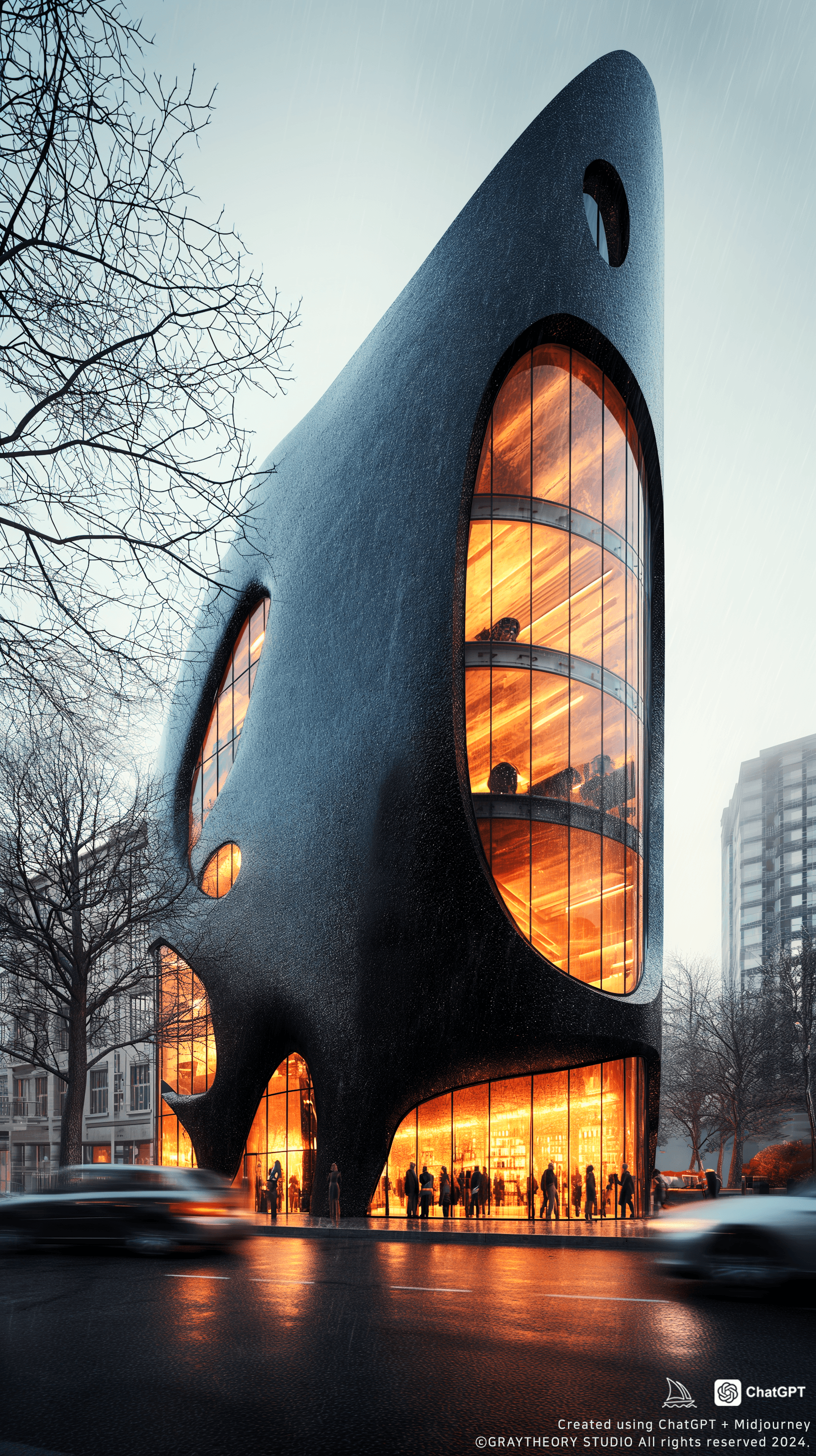 AI generated: photorealistic, canon EOS 5d, minimalistic retail shop facede design, black semi glossy color on fac...