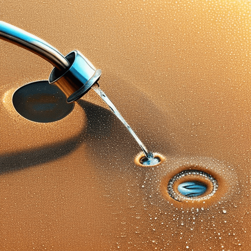 AI generated: One water droplet falling from a metal tap onto golden sand.