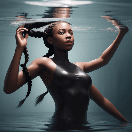 AI generated: fully clothed black girl with braids, floating inside water hyper-realistic, 8k image 
