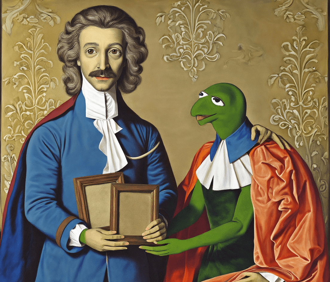 AI generated: the man on the left holding two empty frames in either hand. retain defining characteristics and sty...