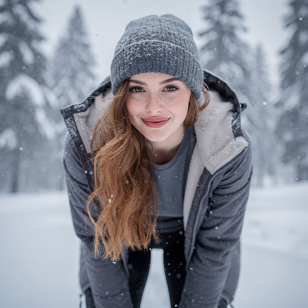AI generated: A woman stands in the midst of a winter wonderland, her long wavy auburn hair framing her face as sh...