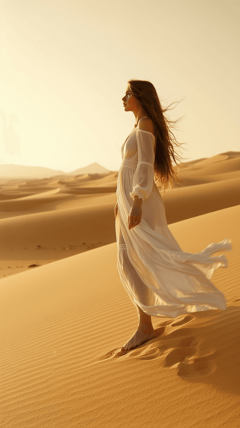 AI generated: A melancholic desert seer, with long flowing hair that seems to absorb the surrounding light, her sk...