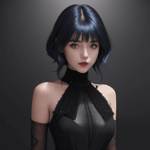 AI generated: A girl wearing a black ultra detailed dress and dark sparkly blue hair 
