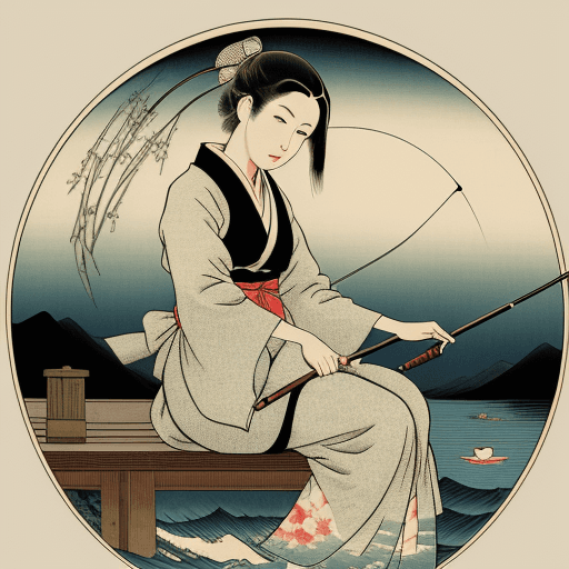 AI generated: vintage woman sitting on a fishing rod in the style of Utagawa Hiroshige --ar 1:7