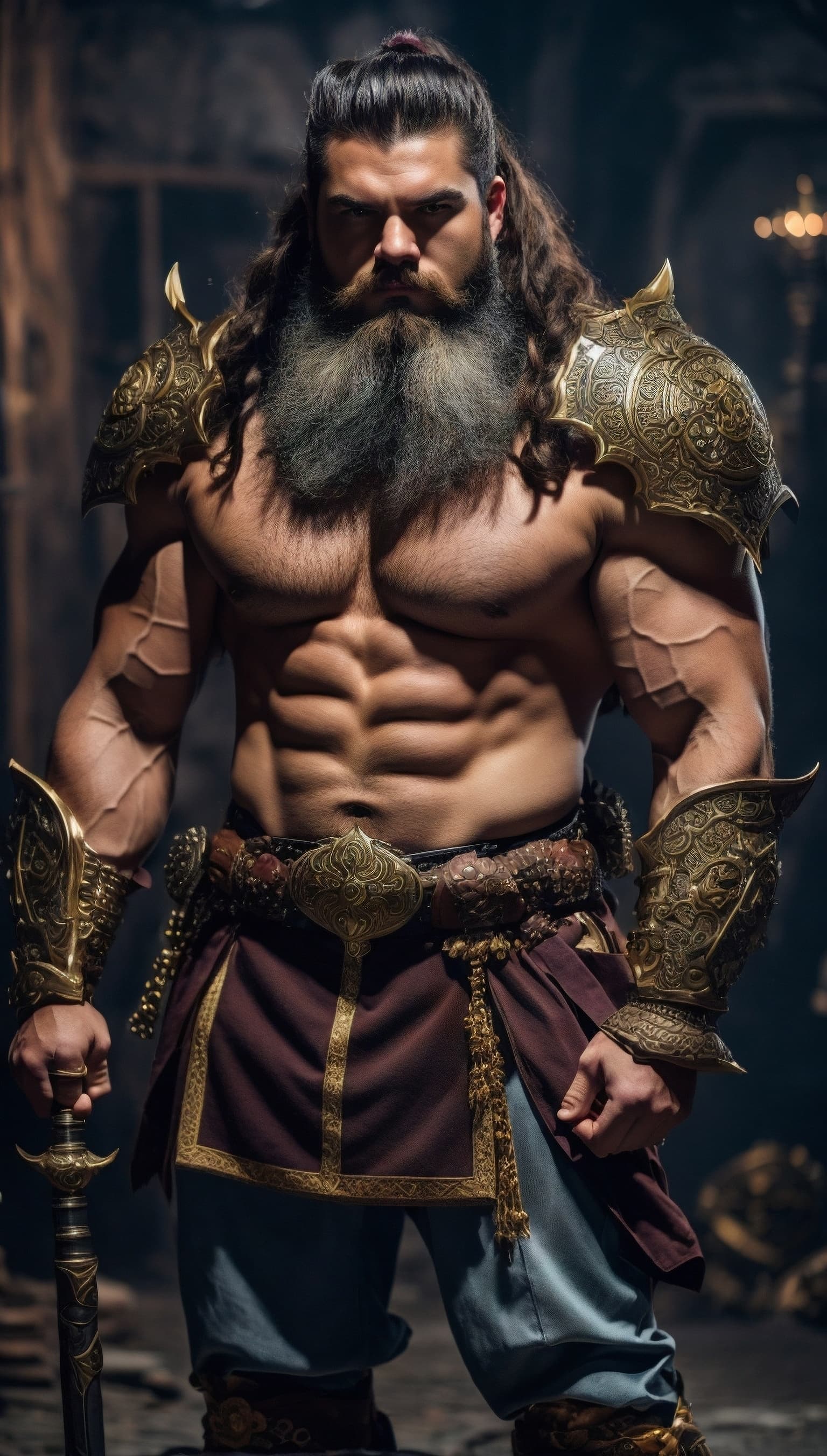 AI generated: A wide angle shot of a muscular giant with detailed ornate armor on, DOTA style, standing on the sla...
