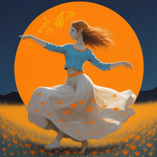 AI generated: a painting of a girl walking in a field under a full moon, in the style of graceful movement, orange...