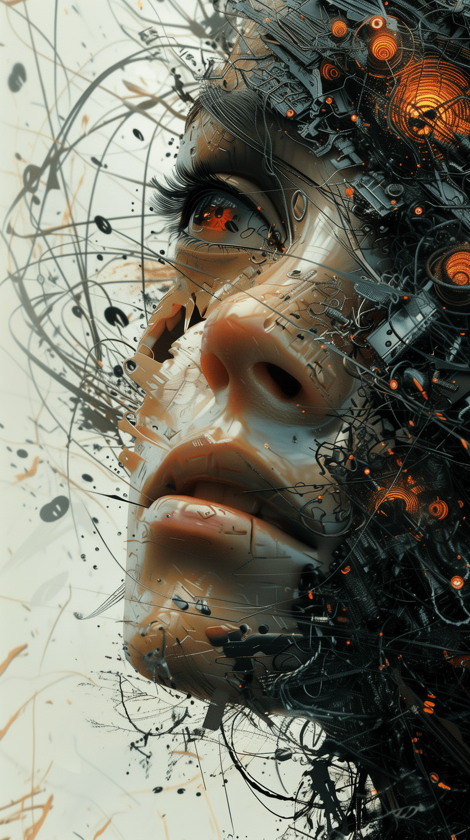 AI generated: artistic, portrait, synthetic human mechanic, complexity with details, empty eye, limited colors are...