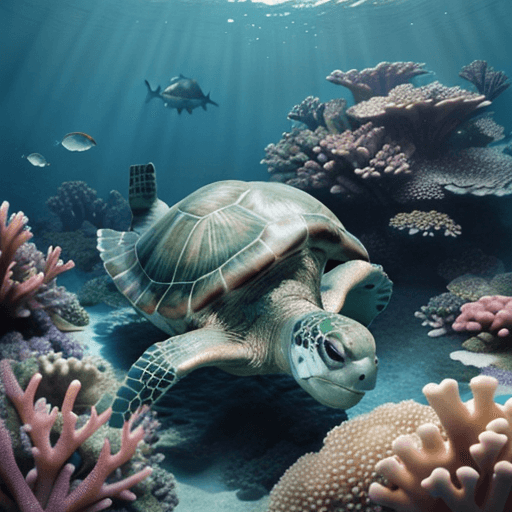 AI generated: Photo of a ultra realistic, small green dreamy smiling turtle looking at us and a deeper dreamy boat...
