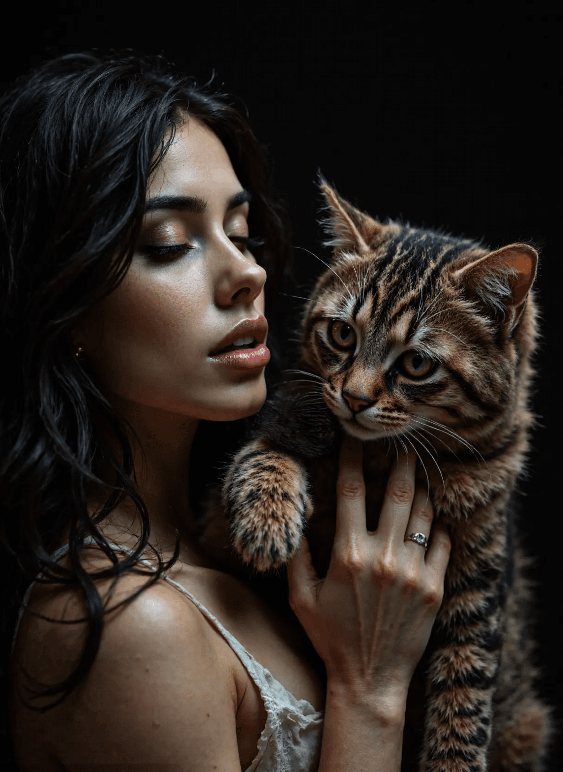AI generated: The image depicts a close-up of a woman and her cat. The woman has long, dark hair and is gently hol...