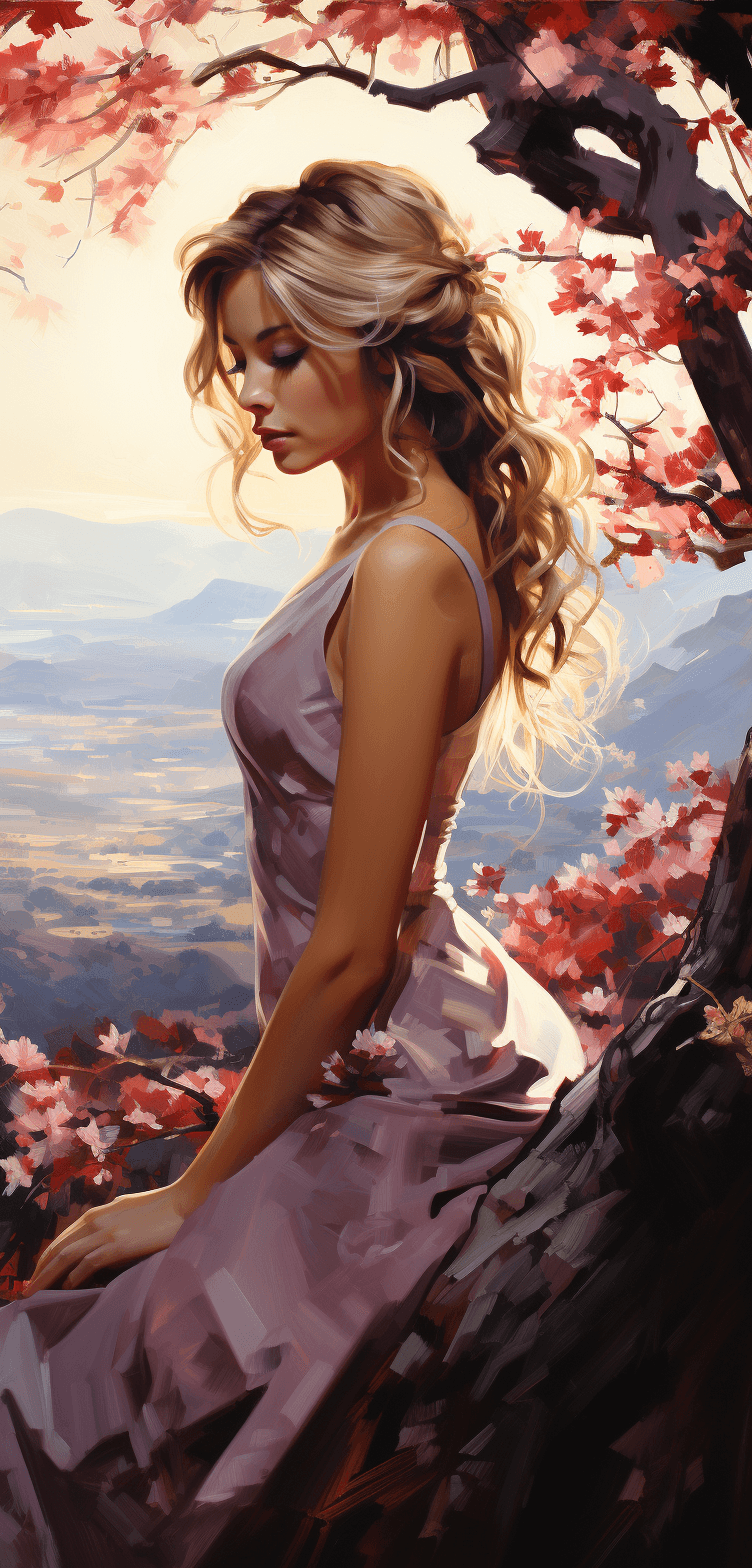 AI generated: female portrait painting, in the style of soft, romantic landscapes, wavy, dmitri danish, richard ph...