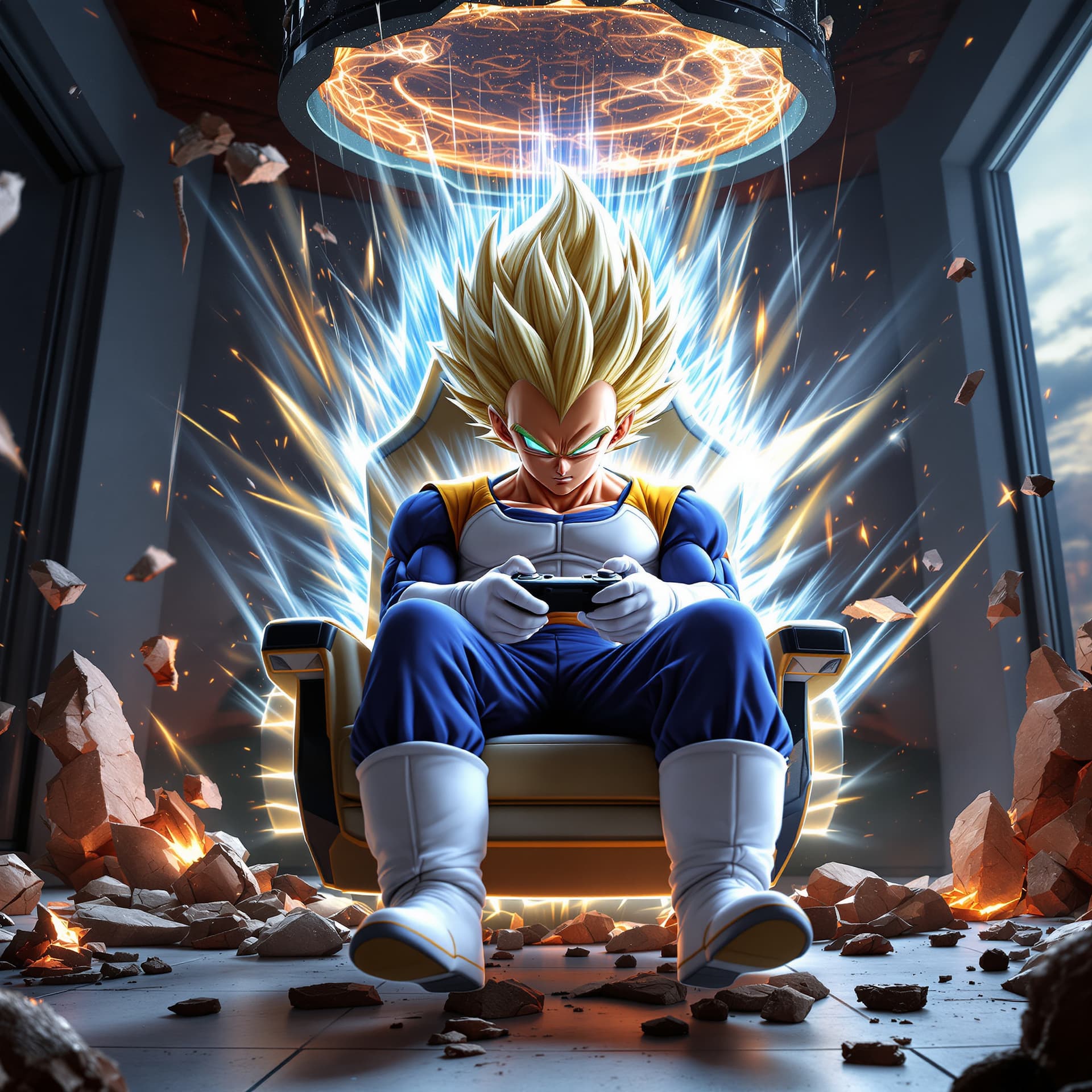AI generated: full figure front view of super saiyan vegeta with the saiyan level 4 hair is fully powered up in a ...