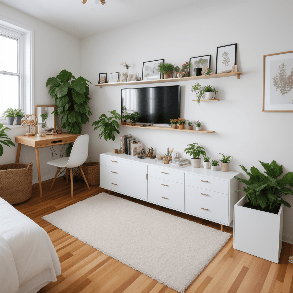 AI generated: Apartment bedroom, room full of hobbies, one bed, warm light, plants, mirror cube table, fish tank, ...
