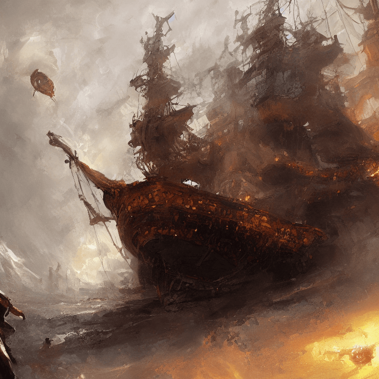 AI generated: oil painting with heavy impasto of a pirate ship and its captain, cosmic horror painting, elegant in...