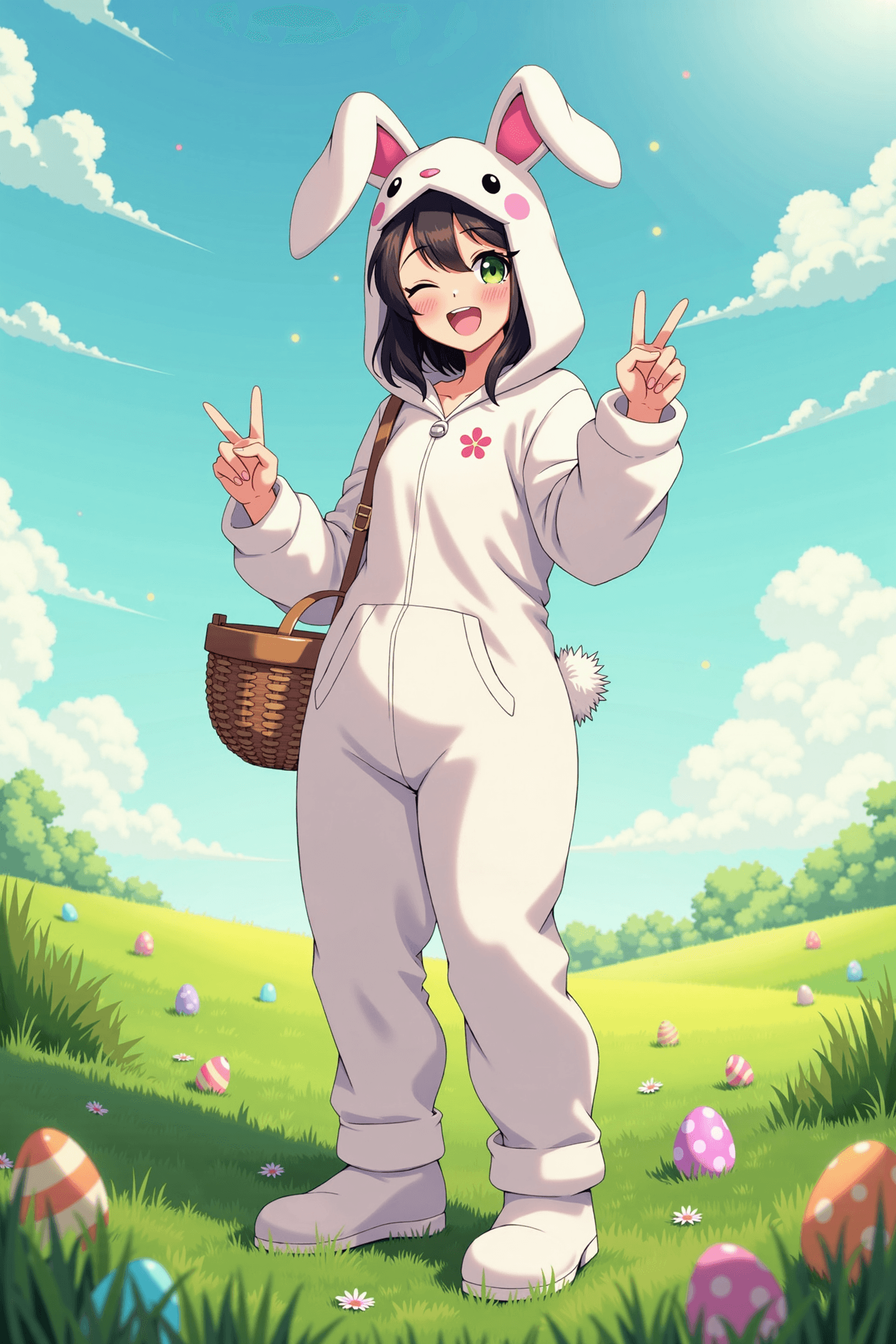 AI generated: Flat colour anime style image showing a pretty 20 year old woman in a fluffy white rabbit onesie sta...