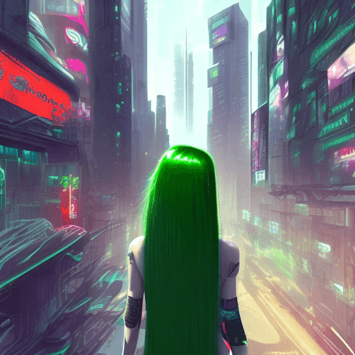AI generated: Woman with long green hair in cyberpunk style looking into the city