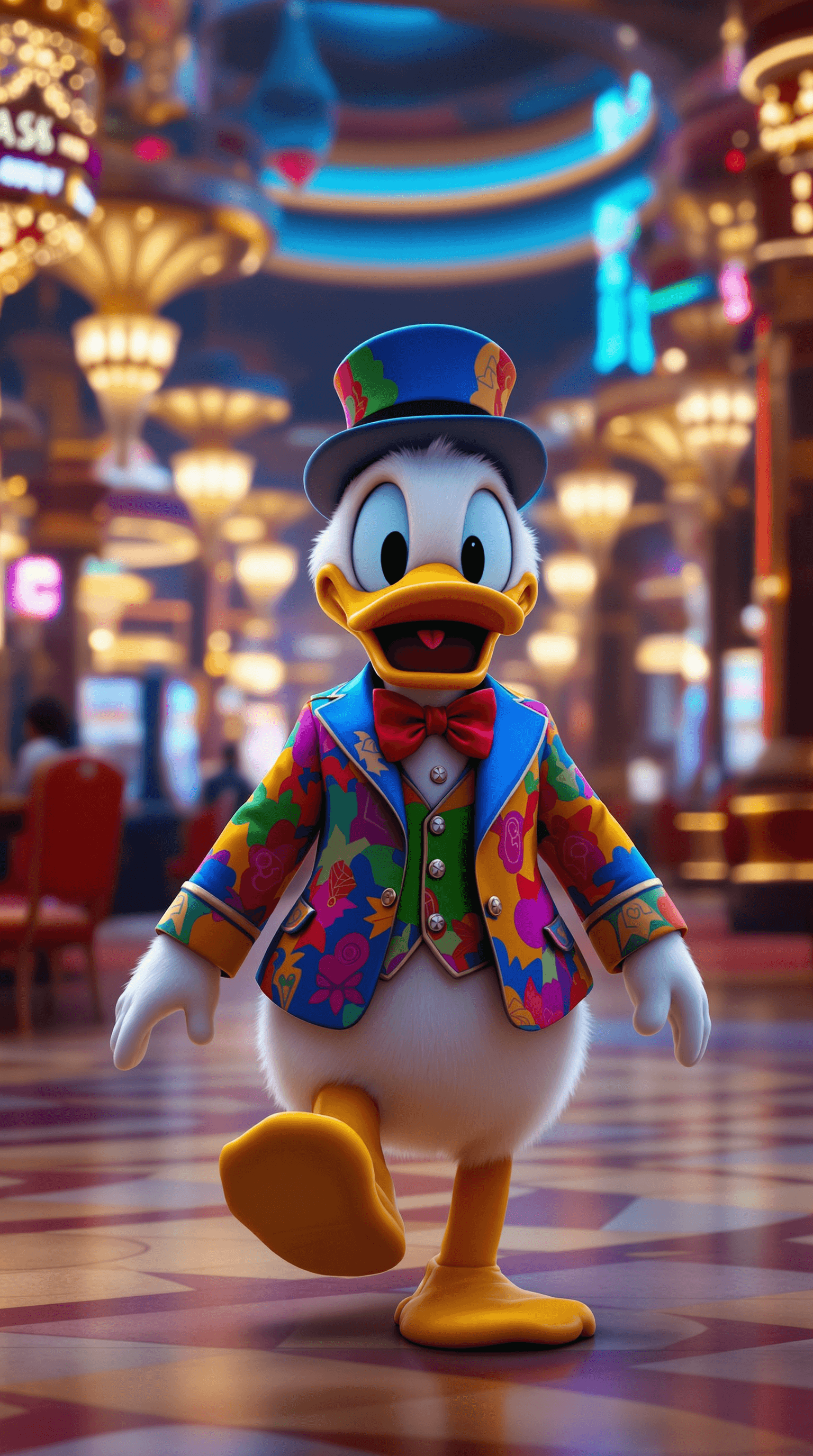 AI generated: Donald Duck walking through a Casino in Las Vegas, wearing a colored suit, 4k, hyper realistic, focu...