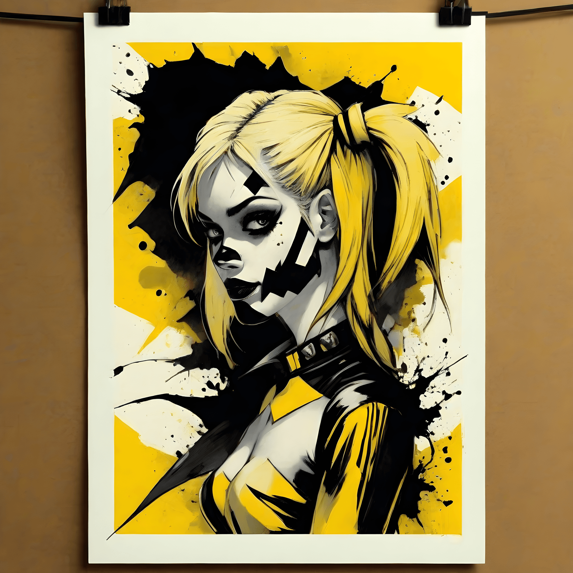 AI generated: Harley Quinn, Ink illustration, Digital or Print medium, Contemporary era, Black and Yellow colors.