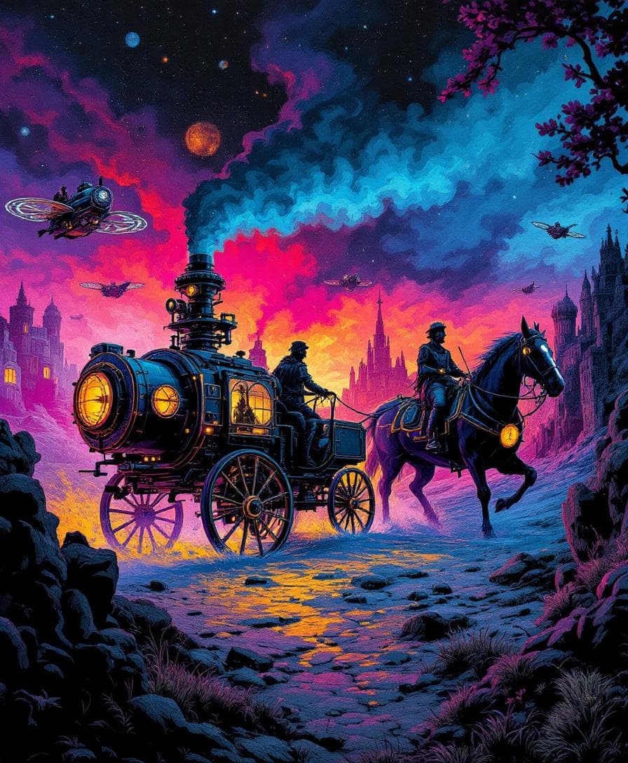 AI generated: Medieval scene, neon black light graphic pop poster art design featuring  a detailed illustration of...