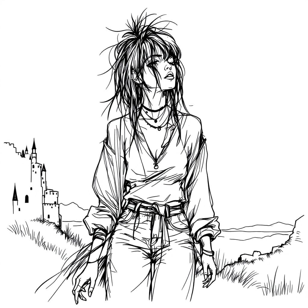 AI generated: minimalist line art drawing of a punk girl style, sketched in continuous black lines against a plain...