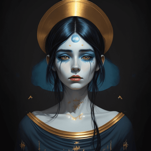 AI generated: A woman in blue paint with a black hair, in the style of hyperrealistic marine life, dark gold and g...