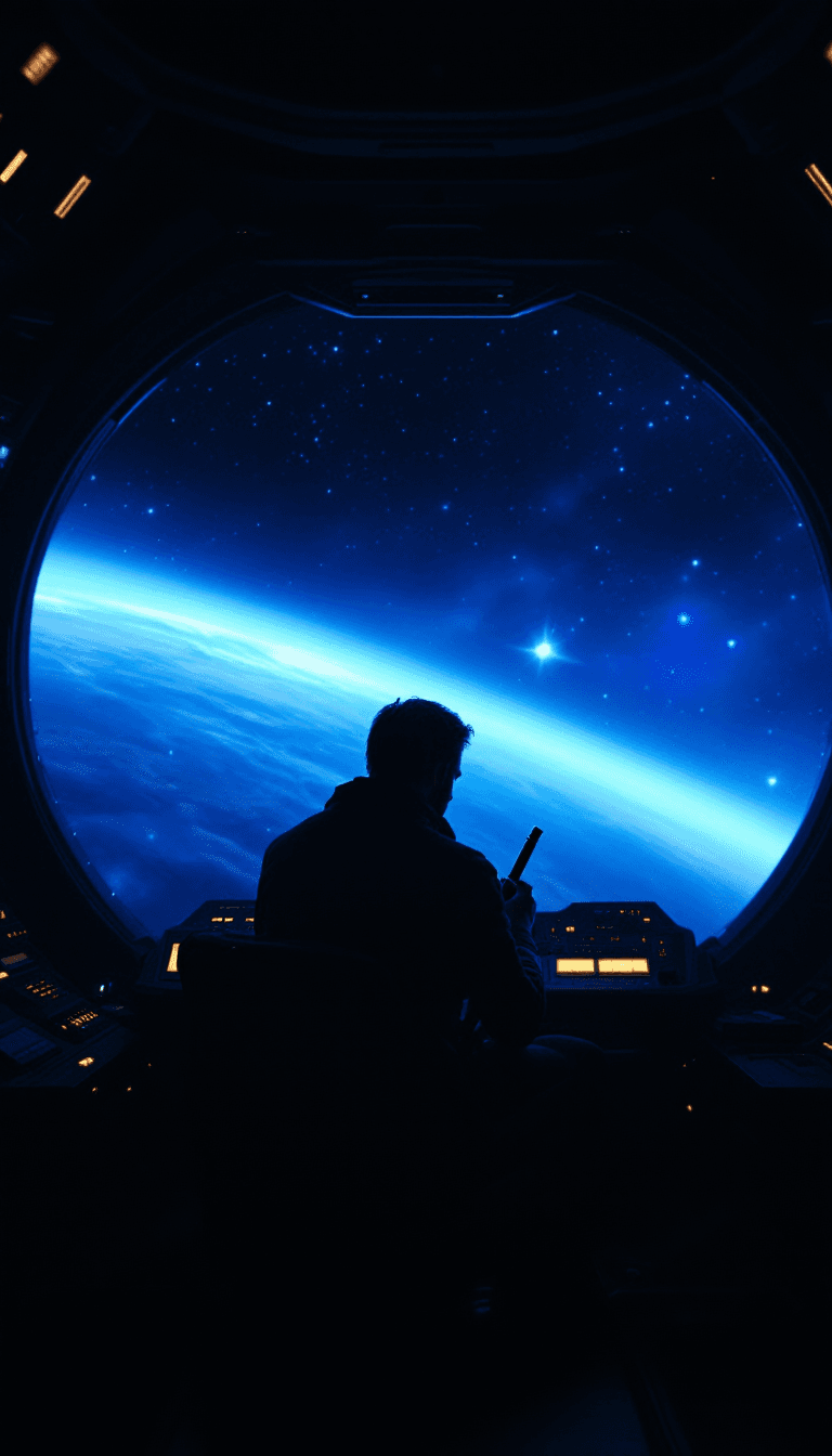 AI generated: A lone figure sits in the dim glow of a starship cabin, his silhouette framed by the vast, endless v...