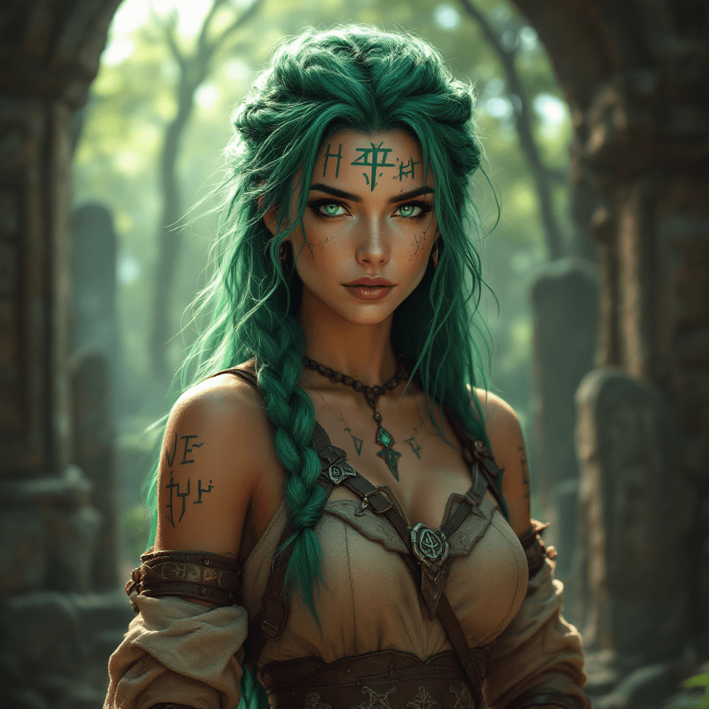 AI generated: The Runecarver Sentinel: A strong and resilient woman with long, braided emerald green hair, adorned...