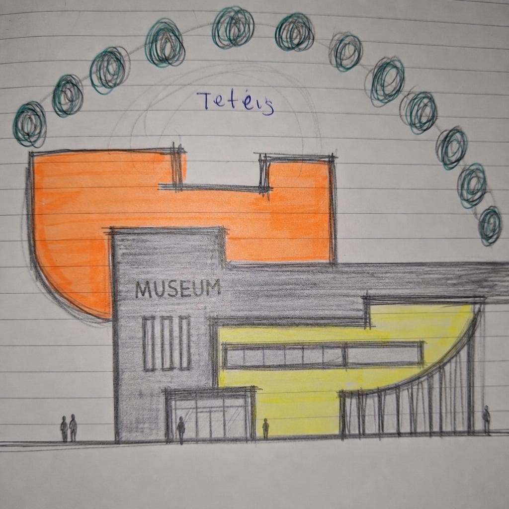 AI generated: Make this sketch building look like the side view of a museum. Keep the lines and geometry of the pi...