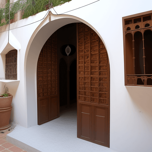 AI generated: fachada de casa, zona antiga, na centro de pequena vila,, inspiração gaudi, primeiro piso com duas p...