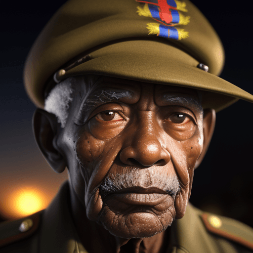 AI generated: breathtaking close up portrait of 80yo Caribbean male World War II soldier at night 1945, Oblong fac...