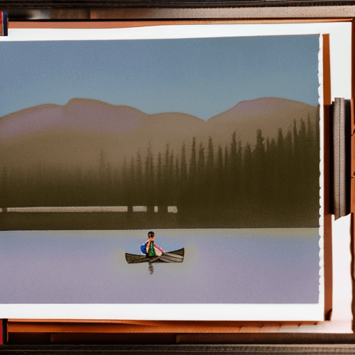 AI generated: Saranac Lake::0.3 boy paddling canoe::0.5 high-contrast Adirondack Mountains forest landscape photog...