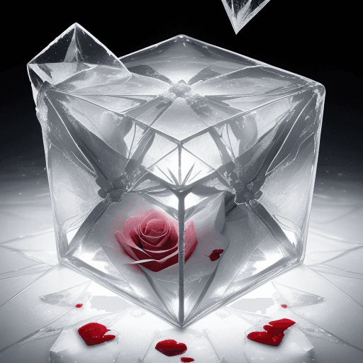 AI generated: close-up photo of a beautiful white ily breaking through a cube made of ice , splintered cracked ice...