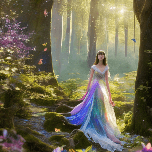 AI generated: A secluded clearing bathed in dappled sunlight streaming through ancient, towering trees,(Magical Gi...