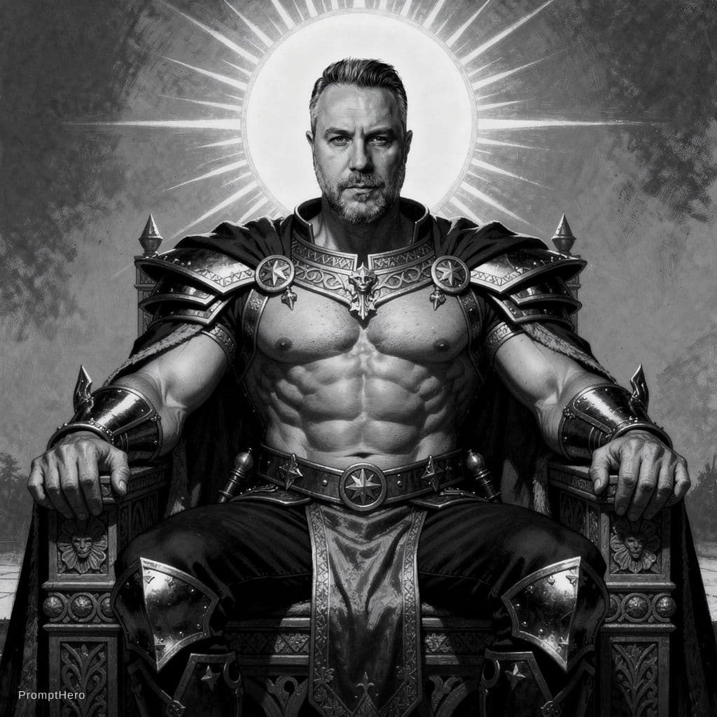 AI generated: The Sun King, sitting on his throne with the sun behind him, fit, abs, in the style of Frank Frazett...