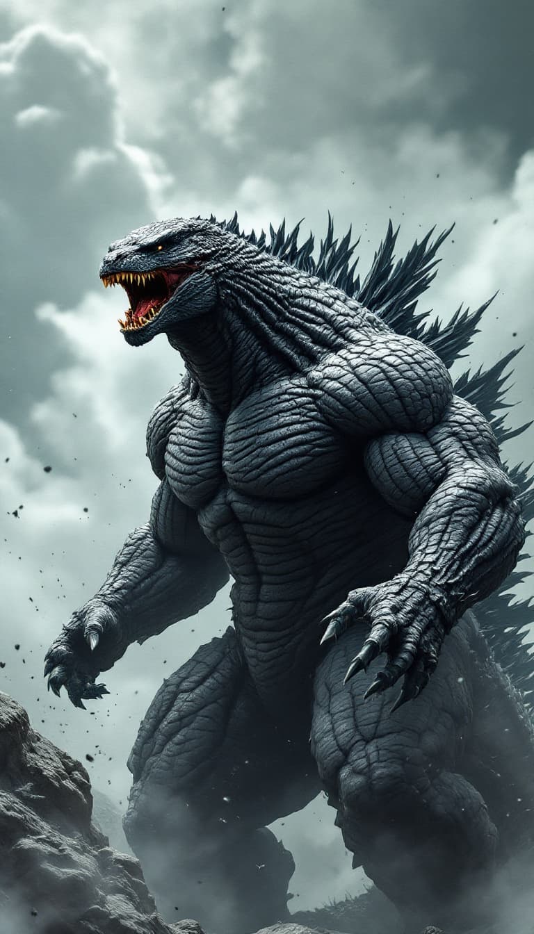 AI generated: Artwork designed by AI, realistic details, sharp, full body image, Godzilla shouting, bodybuilder fi...