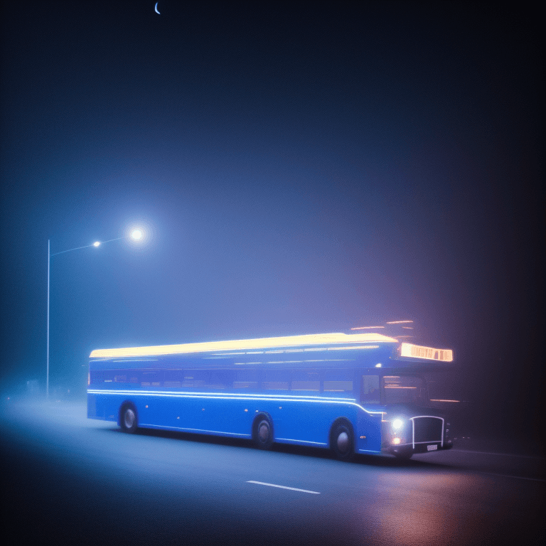 AI generated: mid shot view of a dark blue bus in the middle of the night, moonlight,  eerie lighting with neon mi...