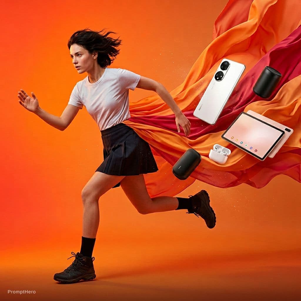 AI generated: A dynamic, high-energy advertisement showcases a young woman in motion, surrounded by sleek electron...