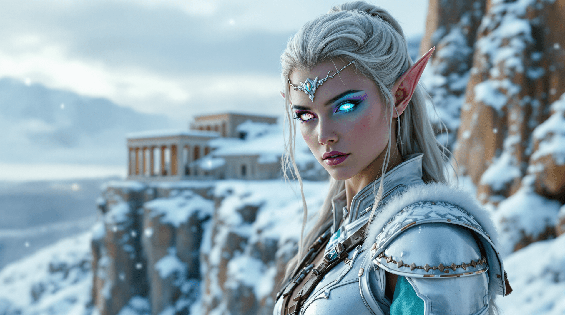 AI generated: ultra realistic half-body shot of an elven woman inspired by Aphrodite, standing on a snowy cliff in...
