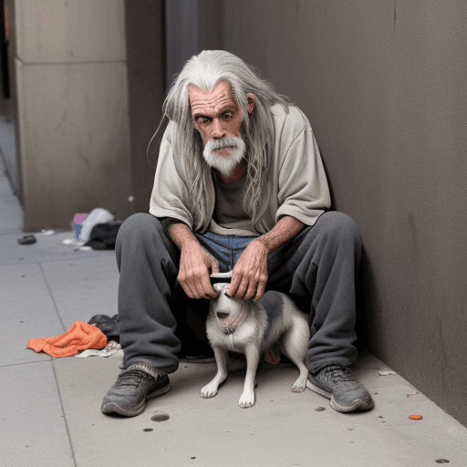 AI generated: Homeless man in an alley begging for change, has a pet stray dog and is really dirty and has long gr...