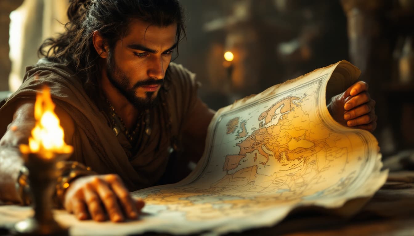 AI generated: Ultra-realistic .	Medium shot of Yutab unfolding the map, torchlight illuminating the paper. [Yutab:...