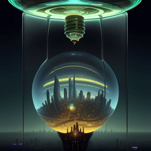 AI generated:  gigantic scifi city_around_glass_bulb  floating high over an cyber dali landscape
