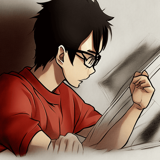AI generated: anime style young man sitting in his geek room making drawings on a white sheet of paper, ultra real...