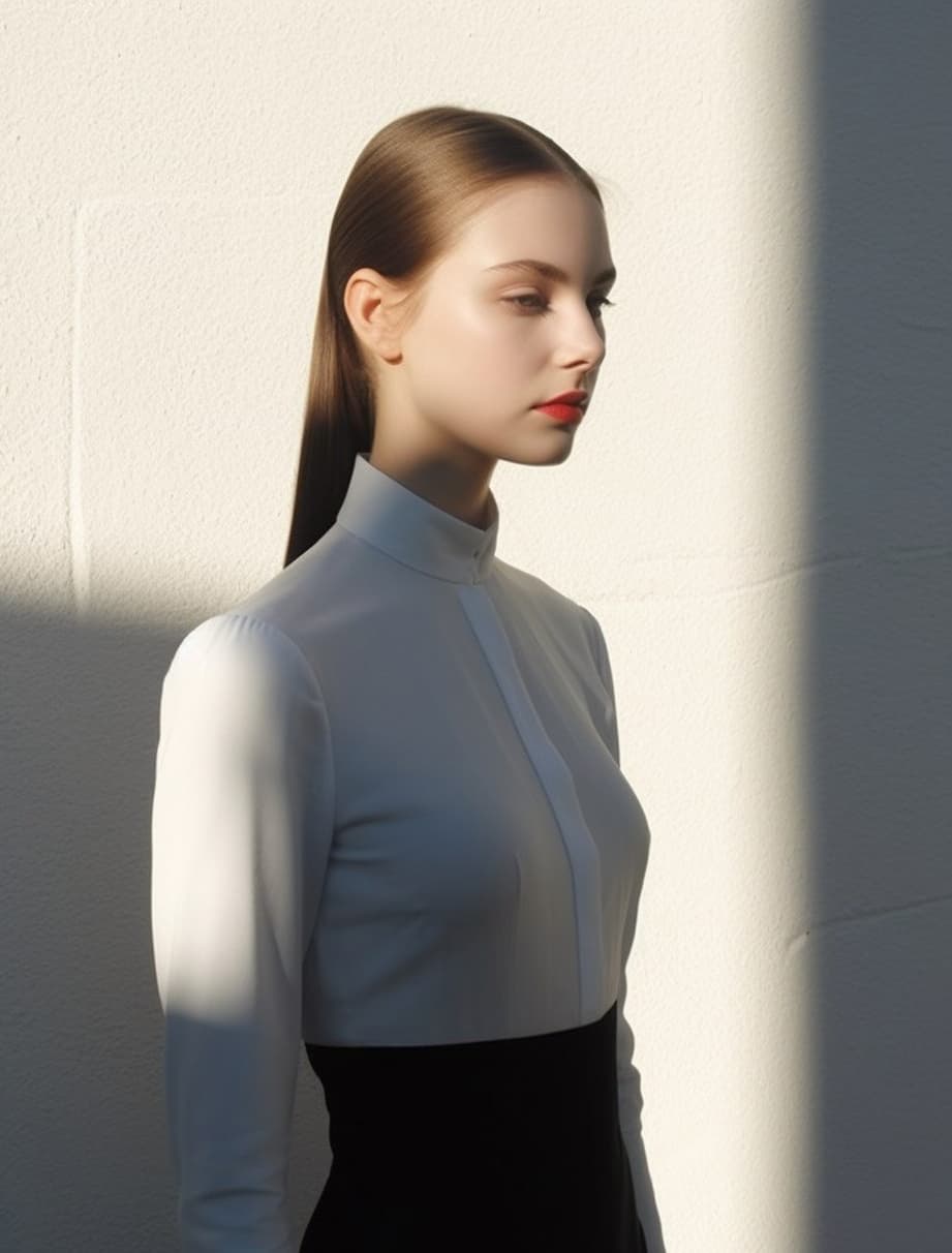 AI generated: a woman standing in front of a white wall, inspired by Vanessa Beecroft, tumblr, hyperrealism, hair ...