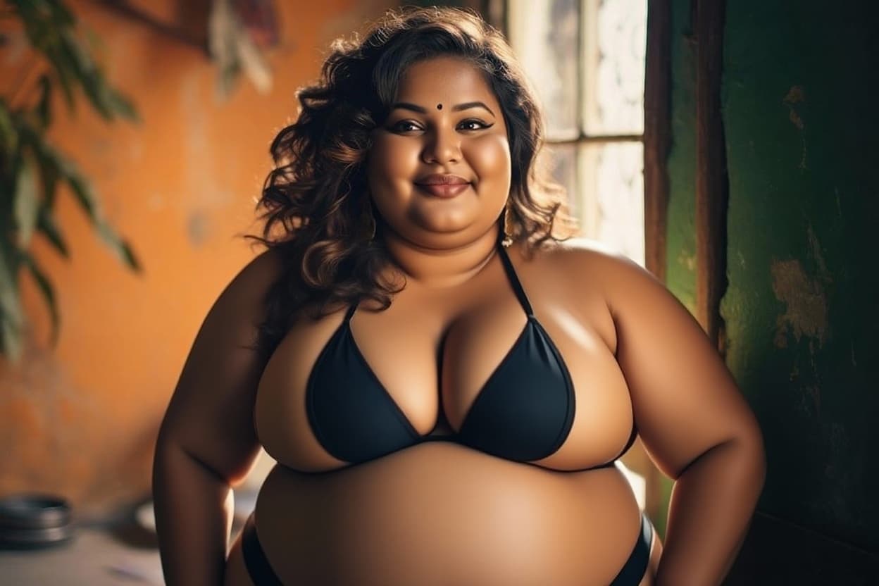 AI generated: Indian bbw, wheatish skin, curvy, voluptuous, massive breasts, massive cleavage, muscular thighs, mu...