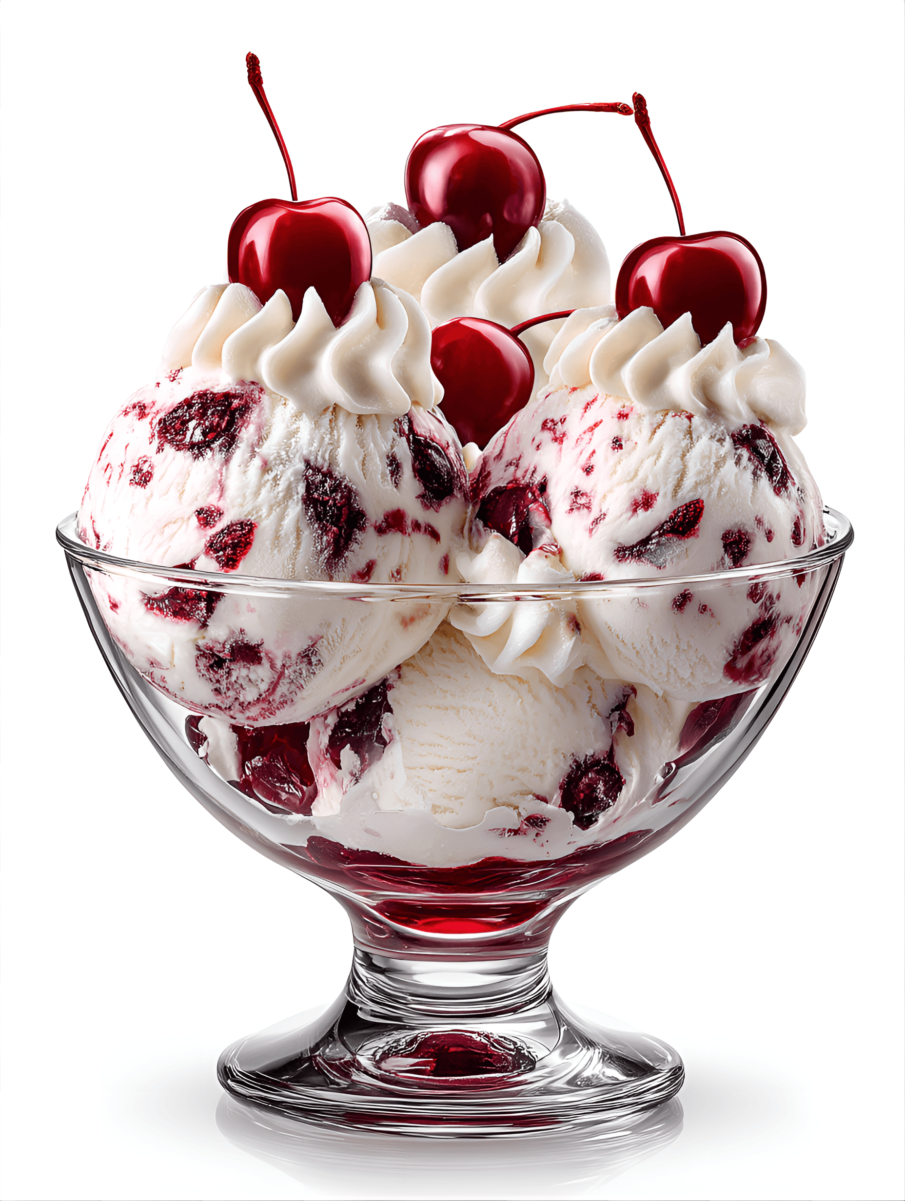 AI generated: Coupe Amarena: one scoop of creamy Amarena ice cream with embedded cherry pieces and one scoop of va...