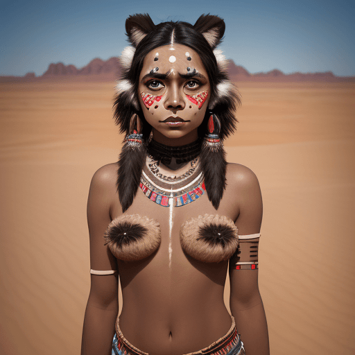 AI generated: High resolution photography Image of a young indigenous woman, with face paint, black hair, brown bi...