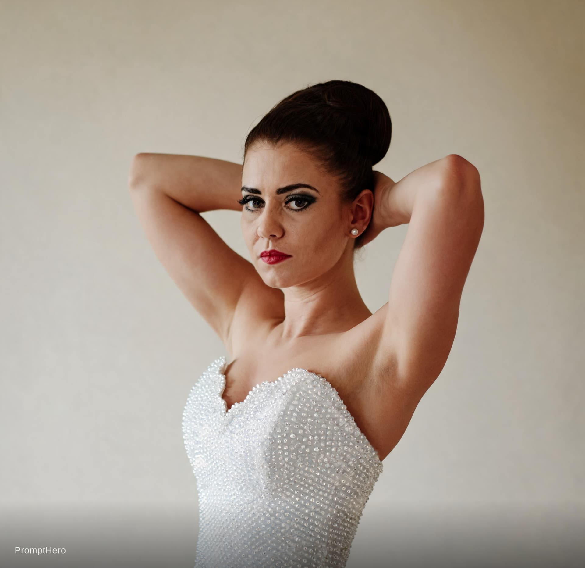 AI generated: do her  side view, arms up behind head, head straightlooking into camera