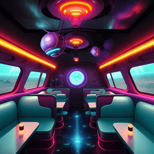 AI generated: a sci fi image,retro scifi,50th style a diner on a asteroid,flying cars ,dynamic lights,in space,ver...