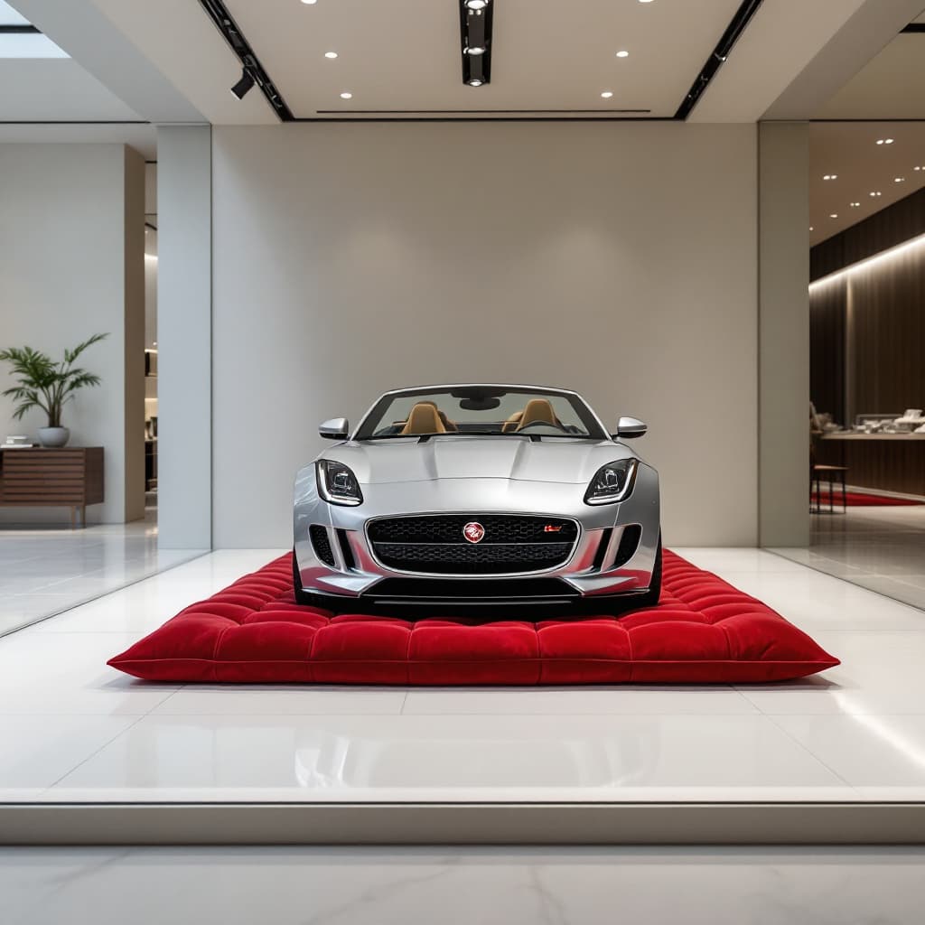 AI generated: Photography, front view, focusing on a shop window, model of a silver Jaguar F-Type convertible rest...
