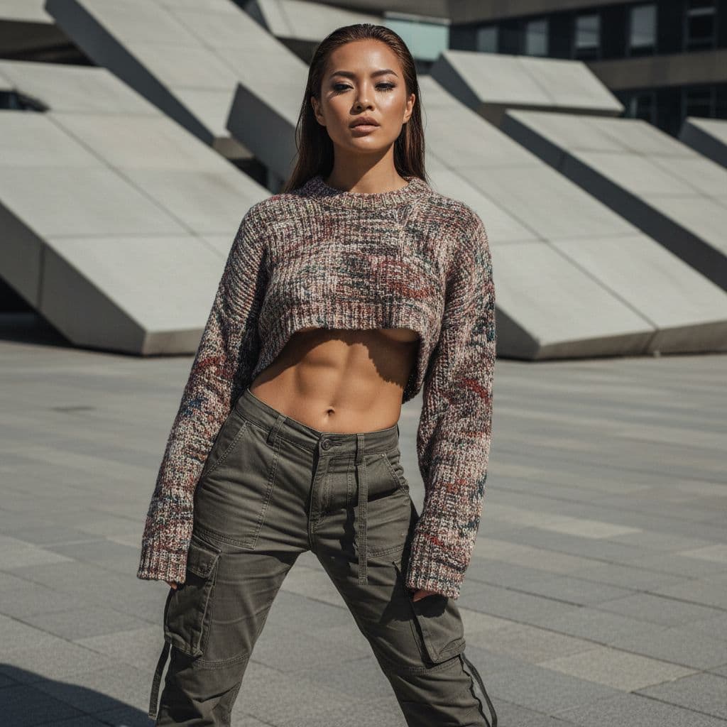 AI generated: street fashion photography, deconstucivist Fashion waist up photo of a 24 year old Tibetan-Ladin fem...