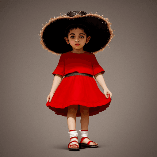AI generated: NIÑO CON SOMBRERO ANCHO CON CARA OSCURA PIES CORTOS MANOS LARGAS DE COLOR ROJIZO Y BLANCO   ZAPATOS ...